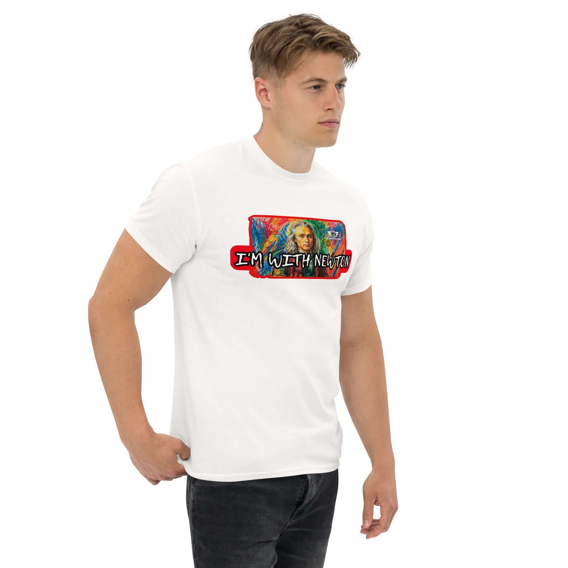 I'm With Newton - Colorful Physics Portrait T-Shirt | Classical Mechanics Goes Pop Art Color: Black T-Shirt Size: S Apparel & Accessories Technium Foundry