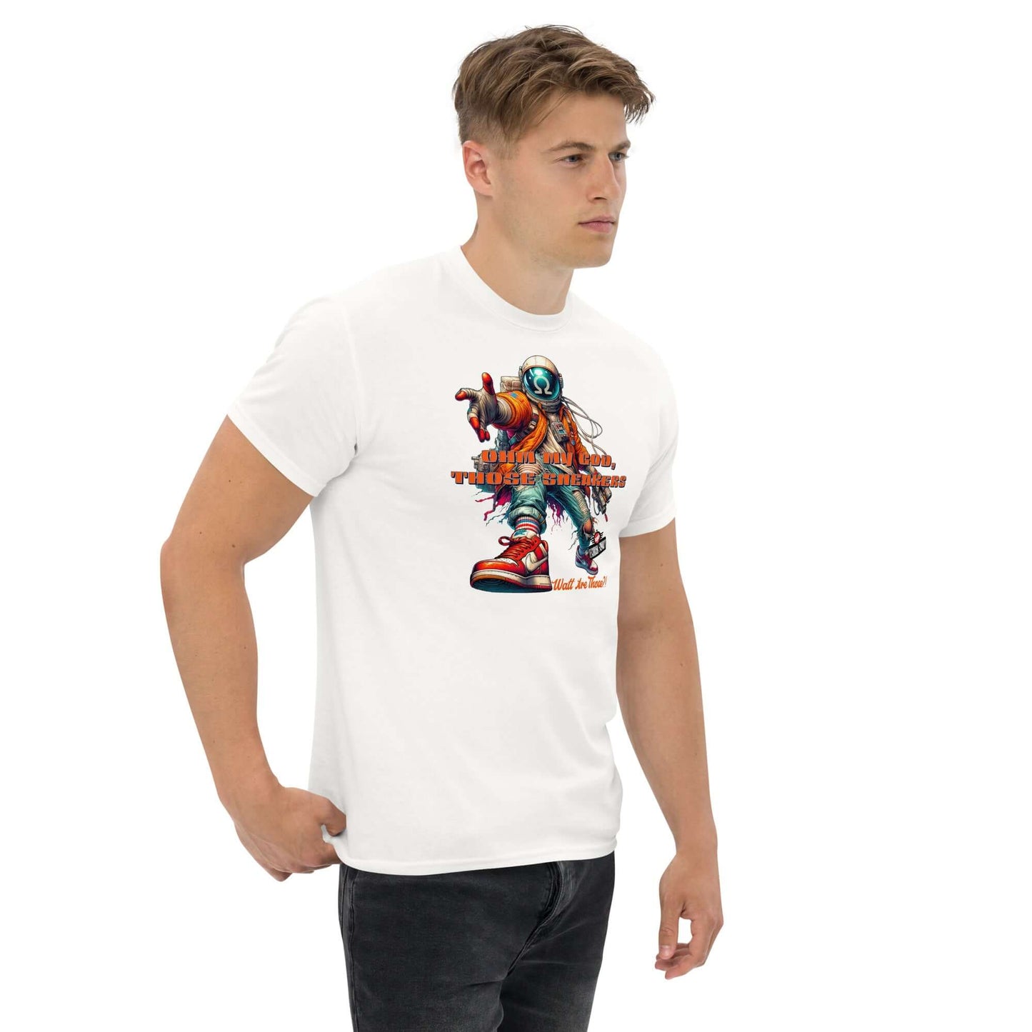 Man wearing "Watt Are Those?!" Electronic Kicks T-Shirt featuring trendy astronaut design by Technium Foundry.