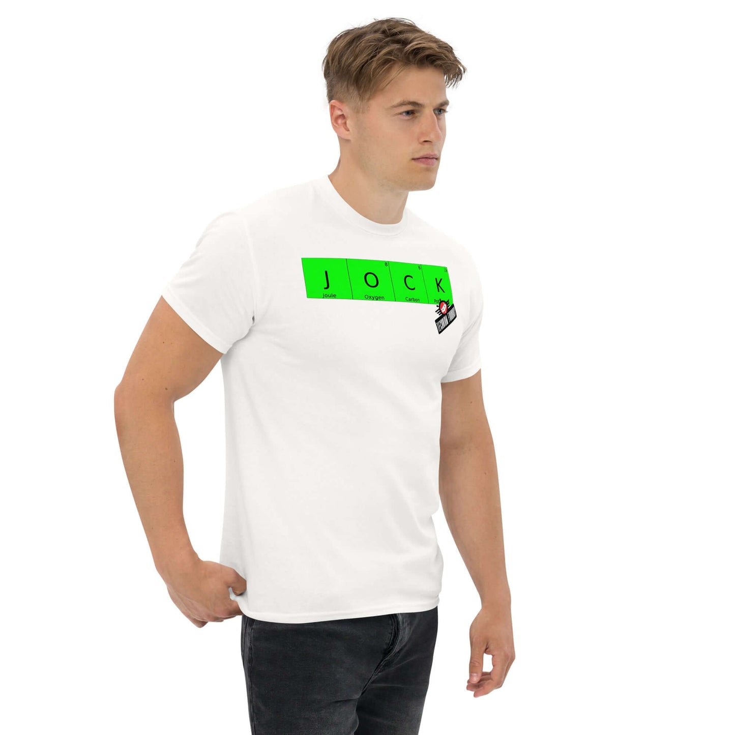 Man wearing JOCK periodic elements T-shirt by Technium Foundry, featuring a unique Amish DJ design on premium cotton fabric.