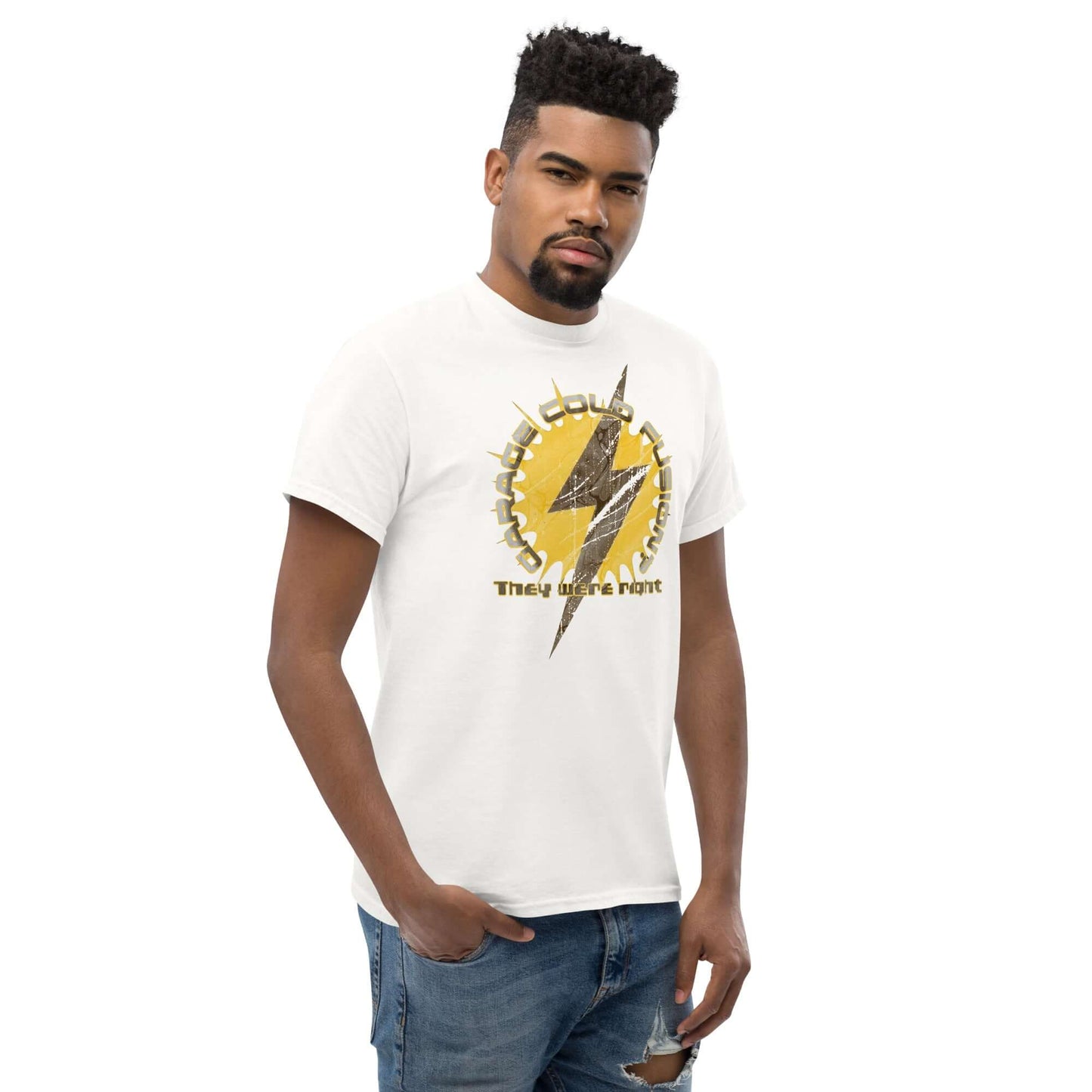 Man wearing Garage Cold Fusion T-Shirt with lightning bolt design, failed science experiment humor tee, white background.