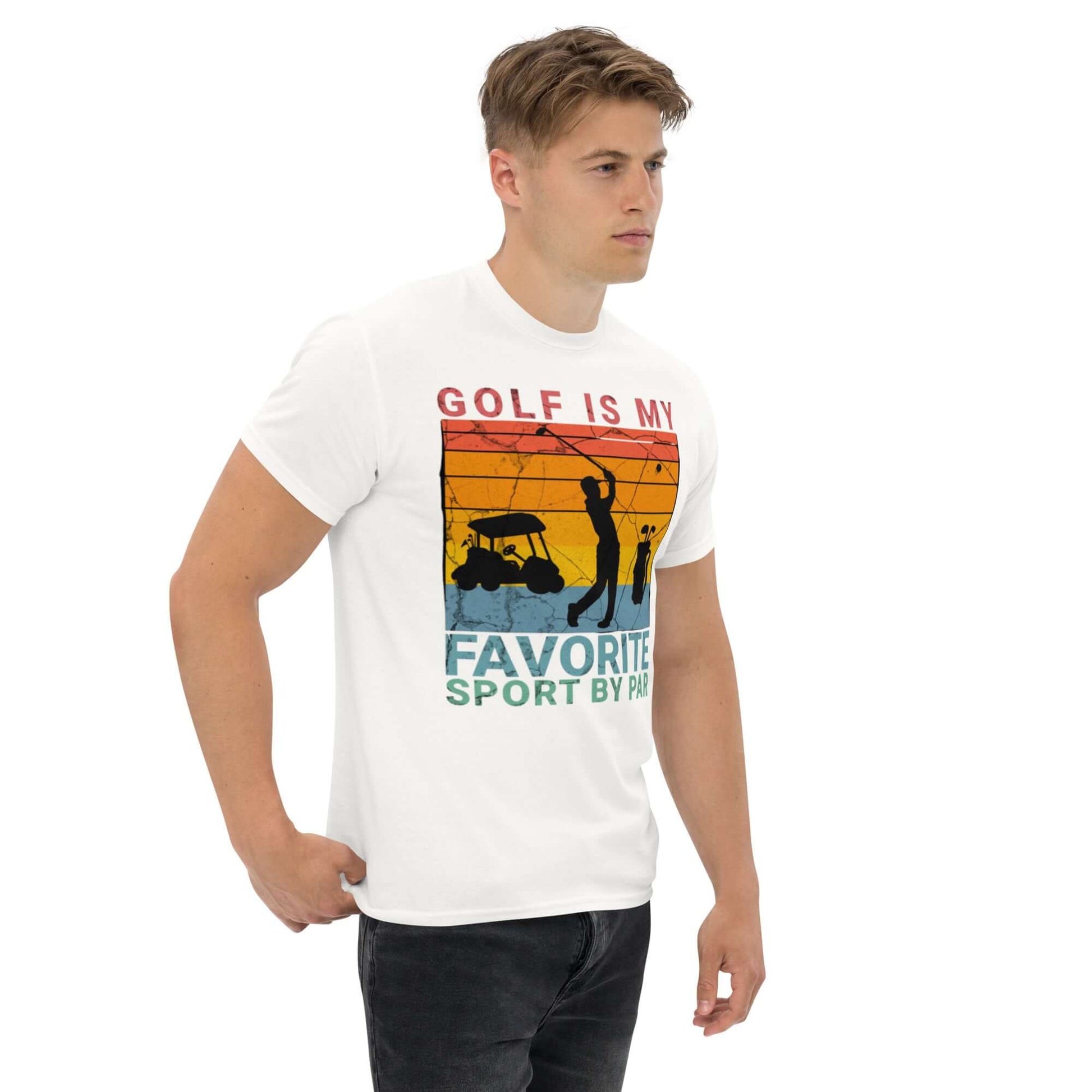 Man wearing Golf Pun T-Shirt with retro sunset design featuring golfer and cart silhouette.