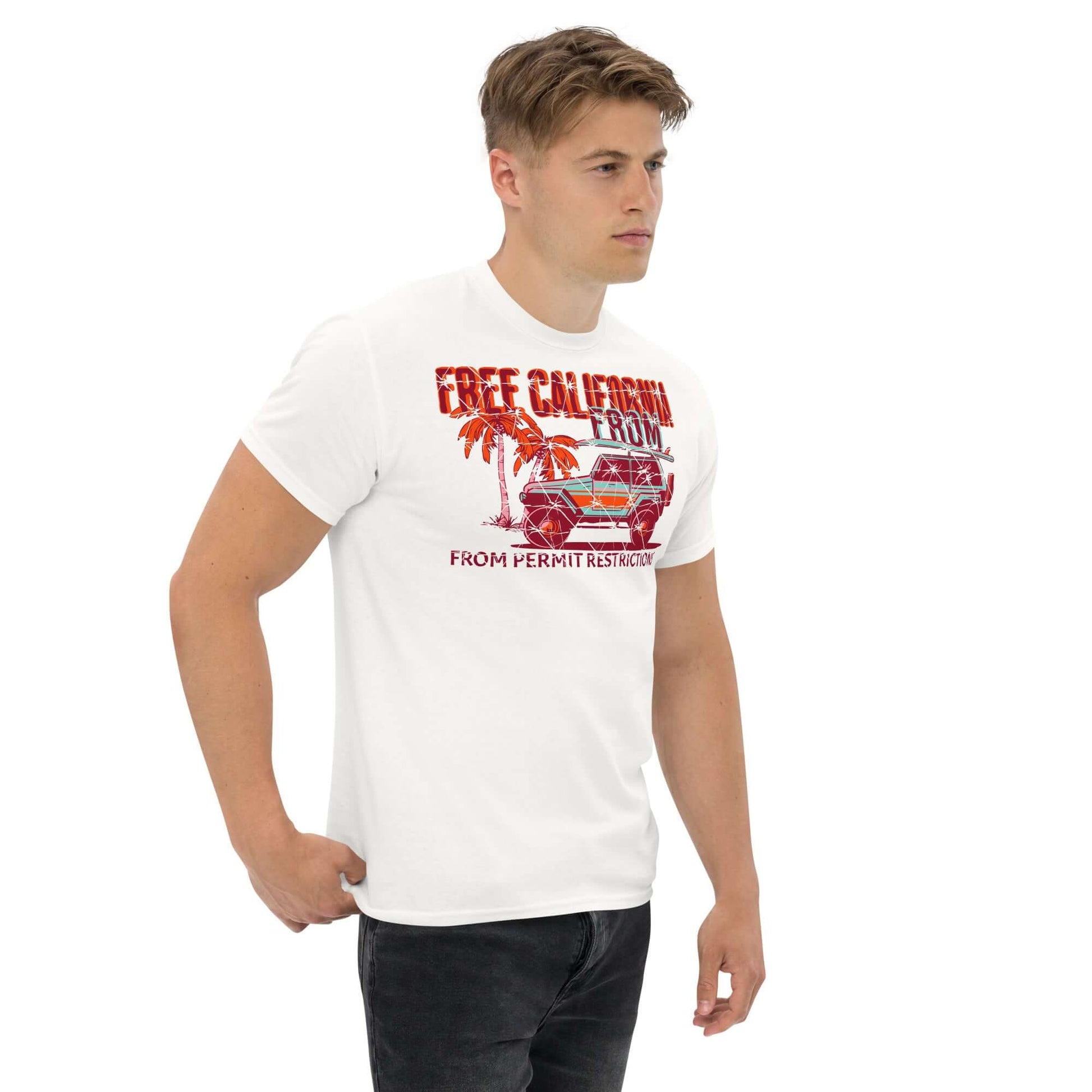 Free California Surf T-Shirt with red palm trees and beach-ready 4x4 design, ideal for a fun, rebellious beach vibe.