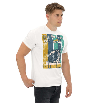 Physics Force Joules T-Shirt with astronaut helmet design, featuring "May the Force Be with Joules" slogan, worn by model.