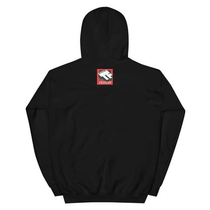 Black Nullpunktsenergie Hoodie by Technium Foundry featuring retro-70s typography on back, cozy quantum-themed design.