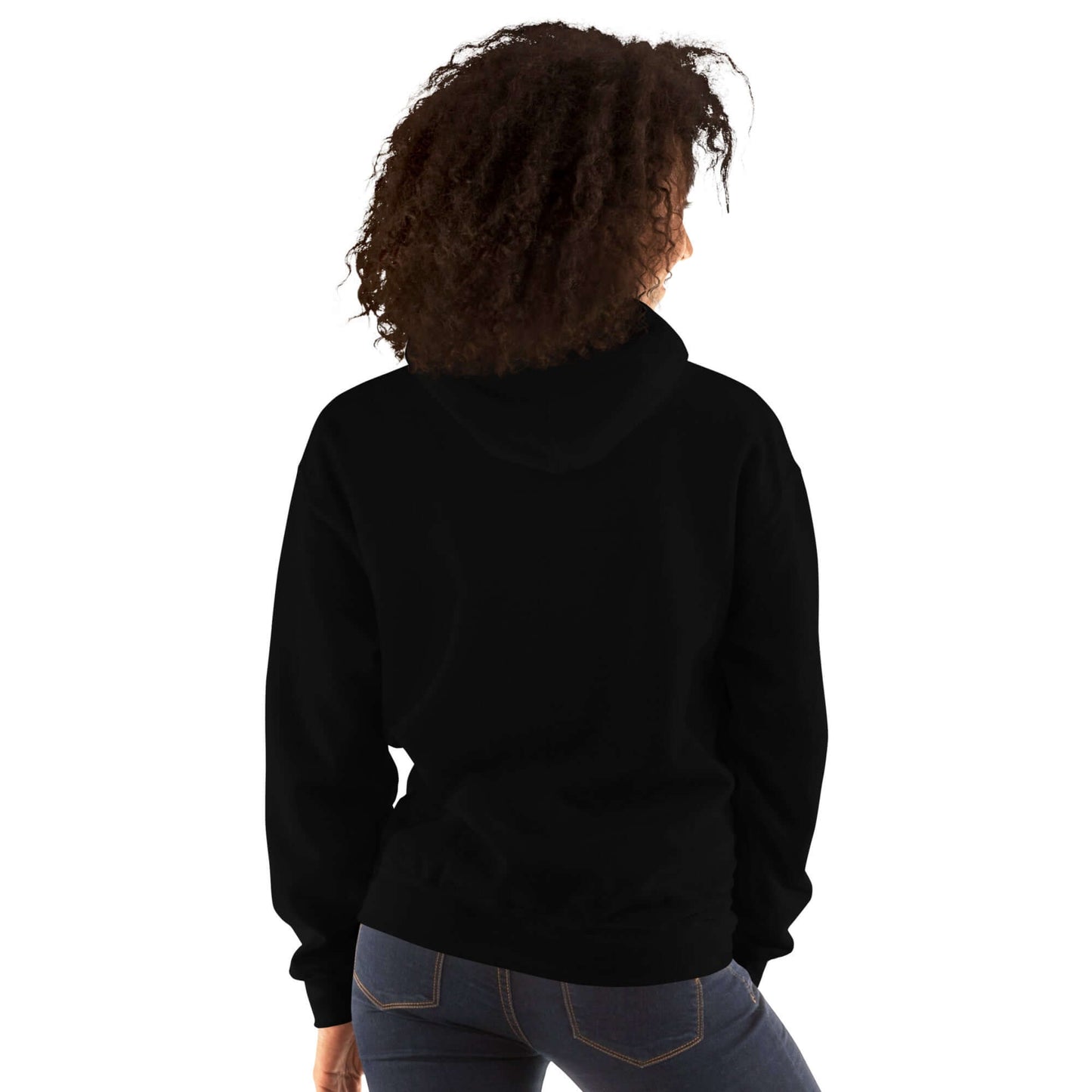 Back view of The Noble Gases Hoodie in black, featuring a Periodic Table Elements Shield design, worn by a model.