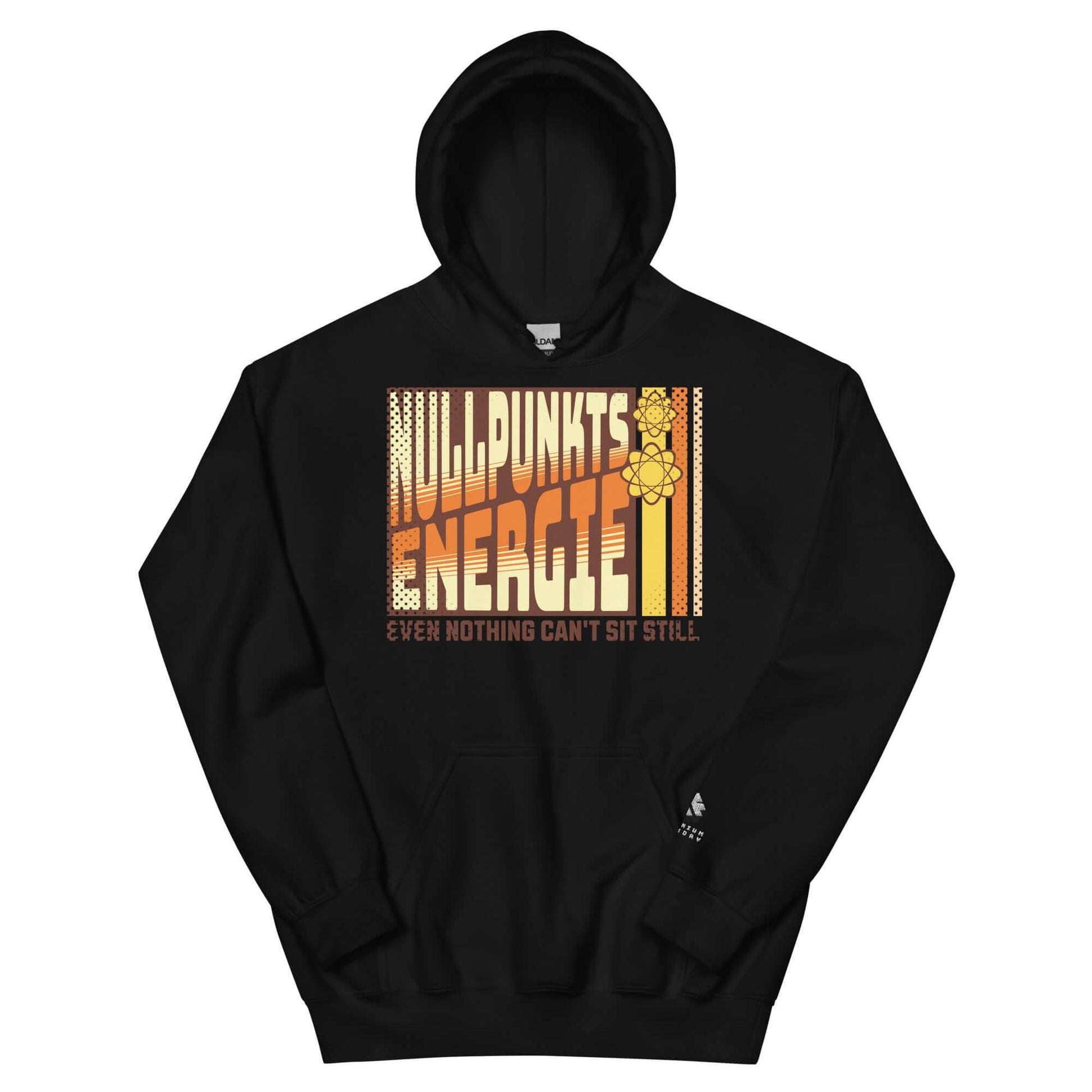 Black Nullpunktsenergie hoodie with retro-70s typography from Technium Foundry, featuring "Even Nothing Can't Sit Still" text.