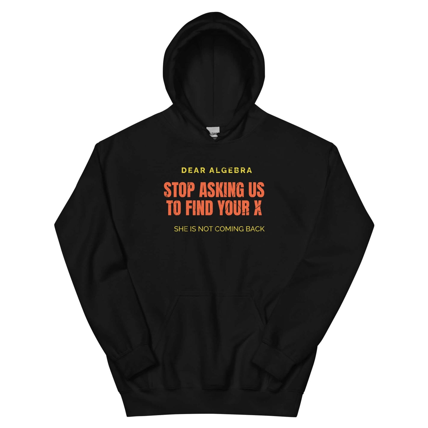 Mathematical Relationship Counseling Hoodie with humorous algebra quote in bold letters on a black garment.