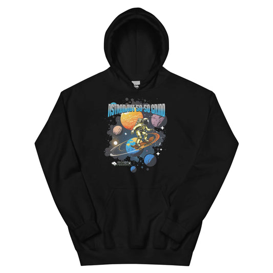 Black hoodie featuring an astronaut skateboarding on Saturn's rings, titled "Astronaut 50-50 Grind" by Technium Foundry.