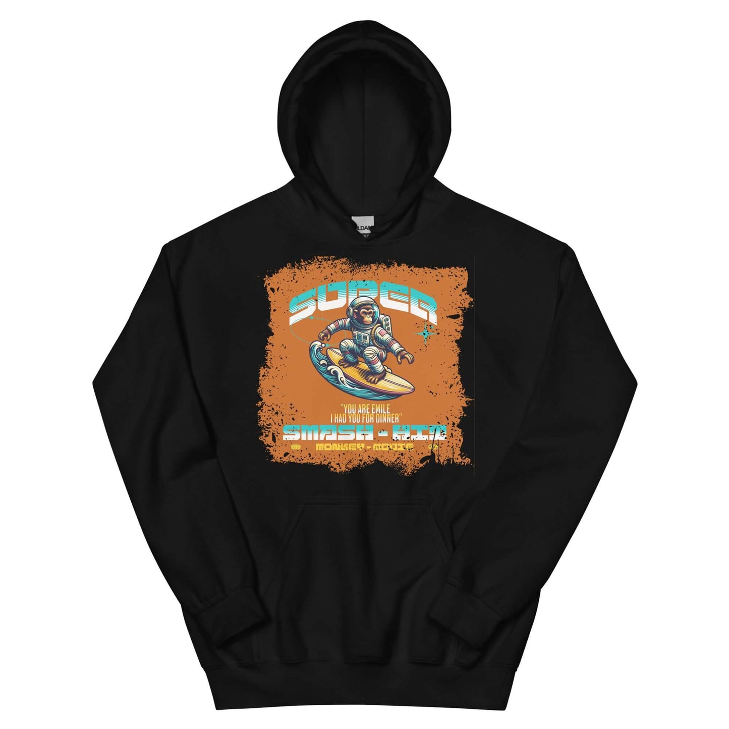 Black hoodie featuring an astronaut design with a retro gaming theme from Technium Foundry's Super Smash & Click collection.