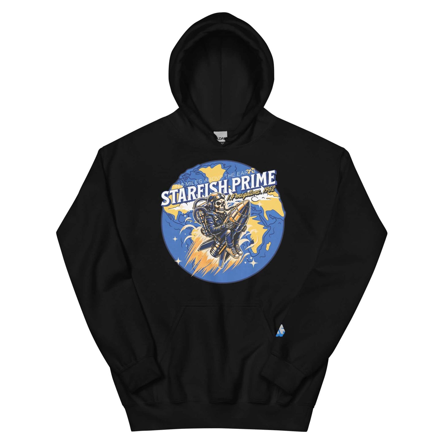 Starfish Prime Hoodie featuring retro nuclear test design with space cowboy on warhead against a cosmic backdrop.