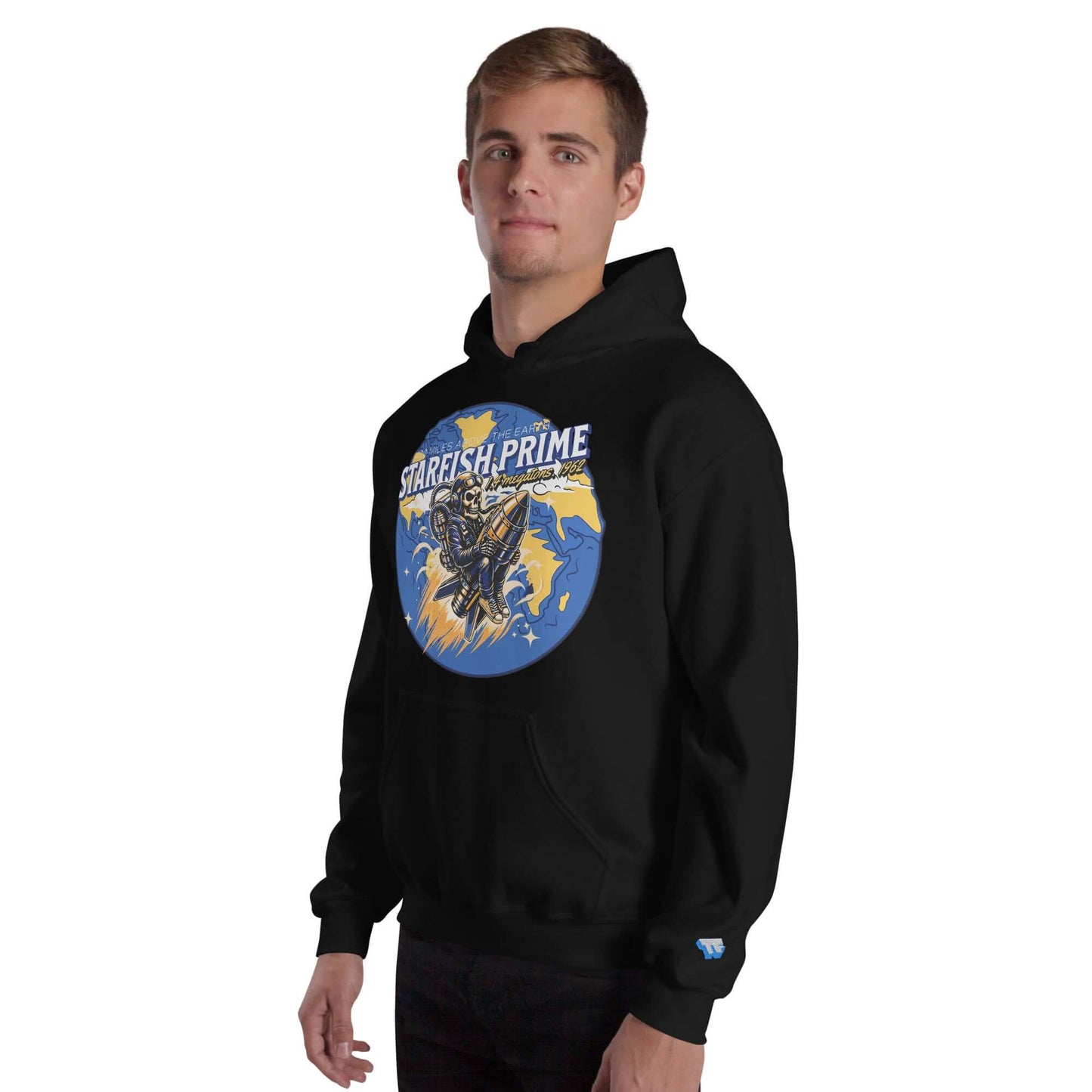 Black Starfish Prime hoodie with retro nuclear space test design featuring a cowboy on a warhead.