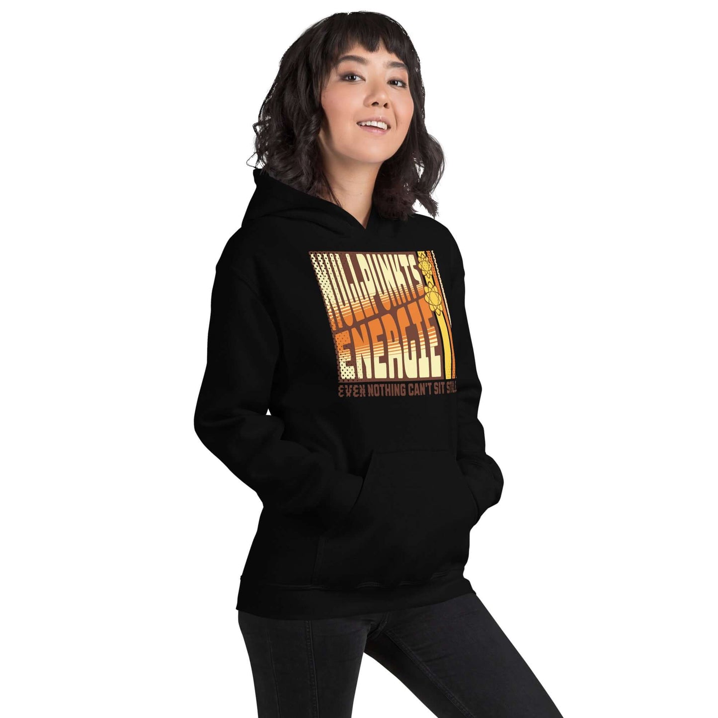 Woman wearing Nullpunktsenergie hoodie with retro-70s typography and vibrant energy design by Technium Foundry.