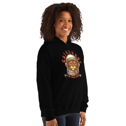 Woman wearing Catronaut Hoodie: Mission Control Edition with feline space design from Technium Foundry.