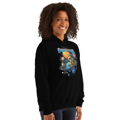 Woman wearing Astronaut 50-50 Grind Hoodie by Technium Foundry with space-themed skating design.