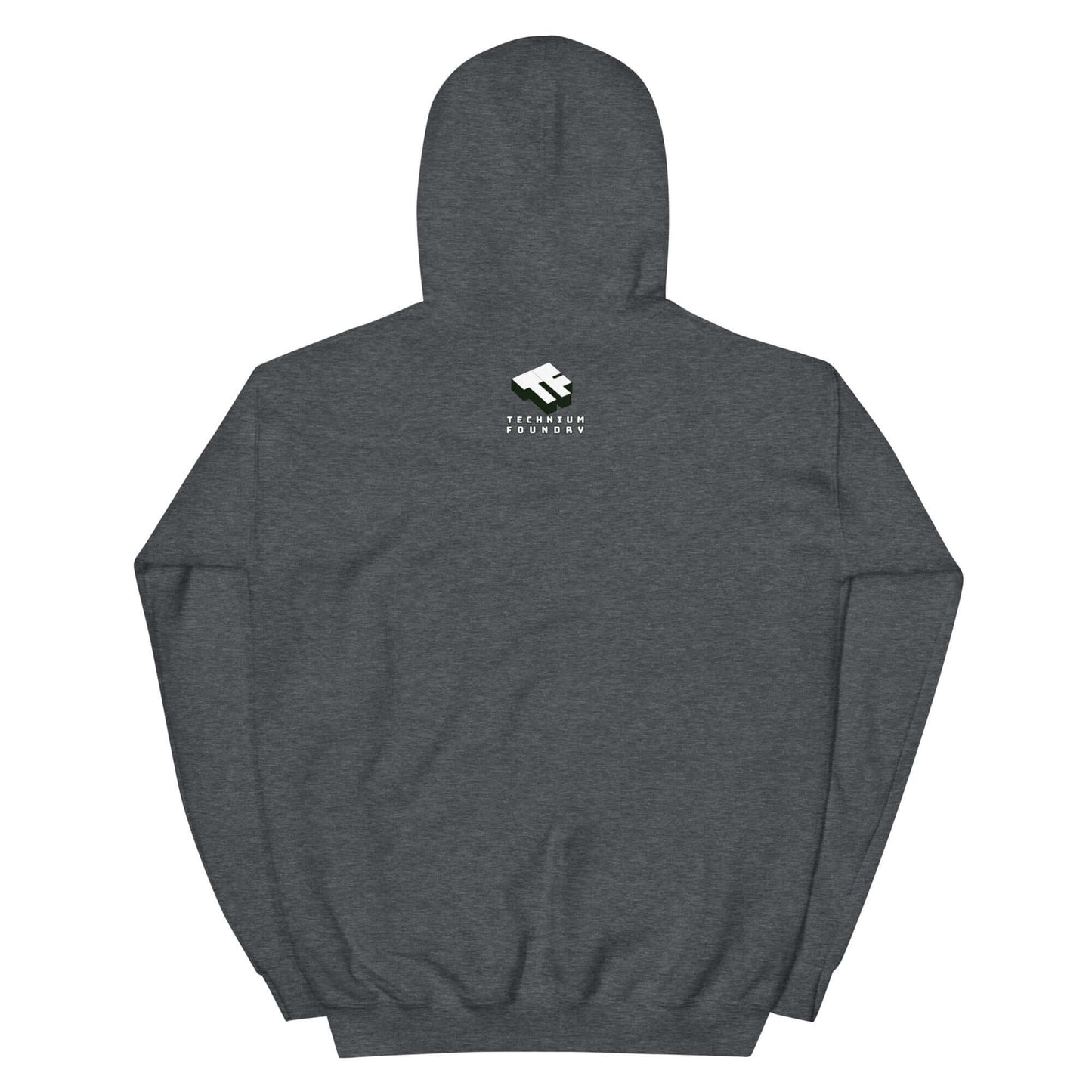 Charcoal grey Super Smash & Click hoodie by Technium Foundry with logo on the back, featuring warm premium cotton material.