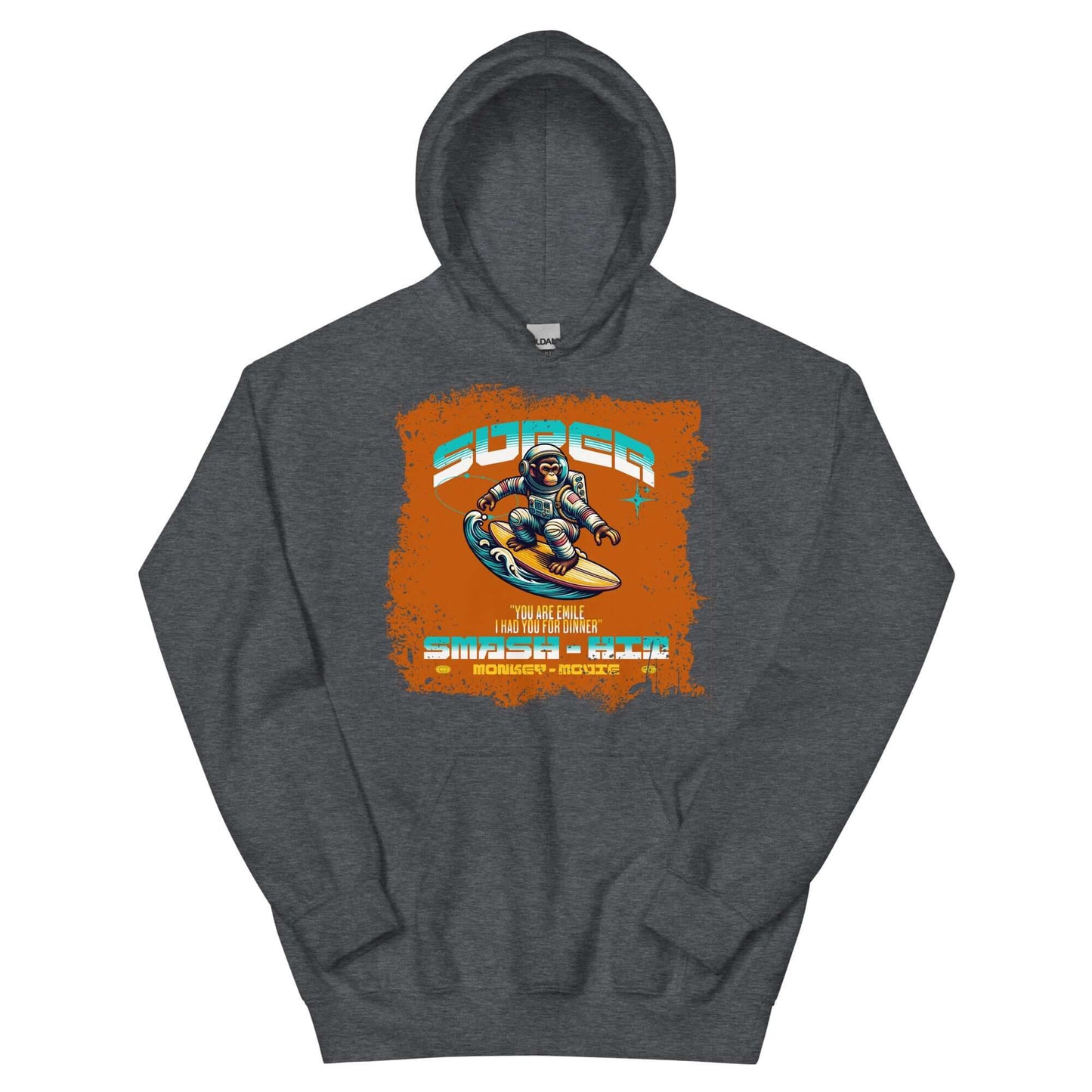 Super Smash & Click hoodie featuring an astronaut on a skateboard, premium cotton, retro gaming style by Technium Foundry.