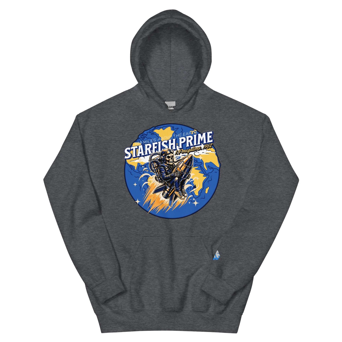 Retro Starfish Prime Hoodie featuring space cowboy riding a nuclear warhead, celebrating 1962 nuclear test in vintage design.