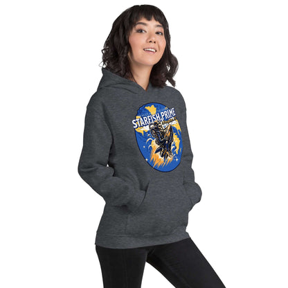 Woman wearing Starfish Prime Hoodie with retro nuclear test design, featuring space cowboy on a nuclear warhead.