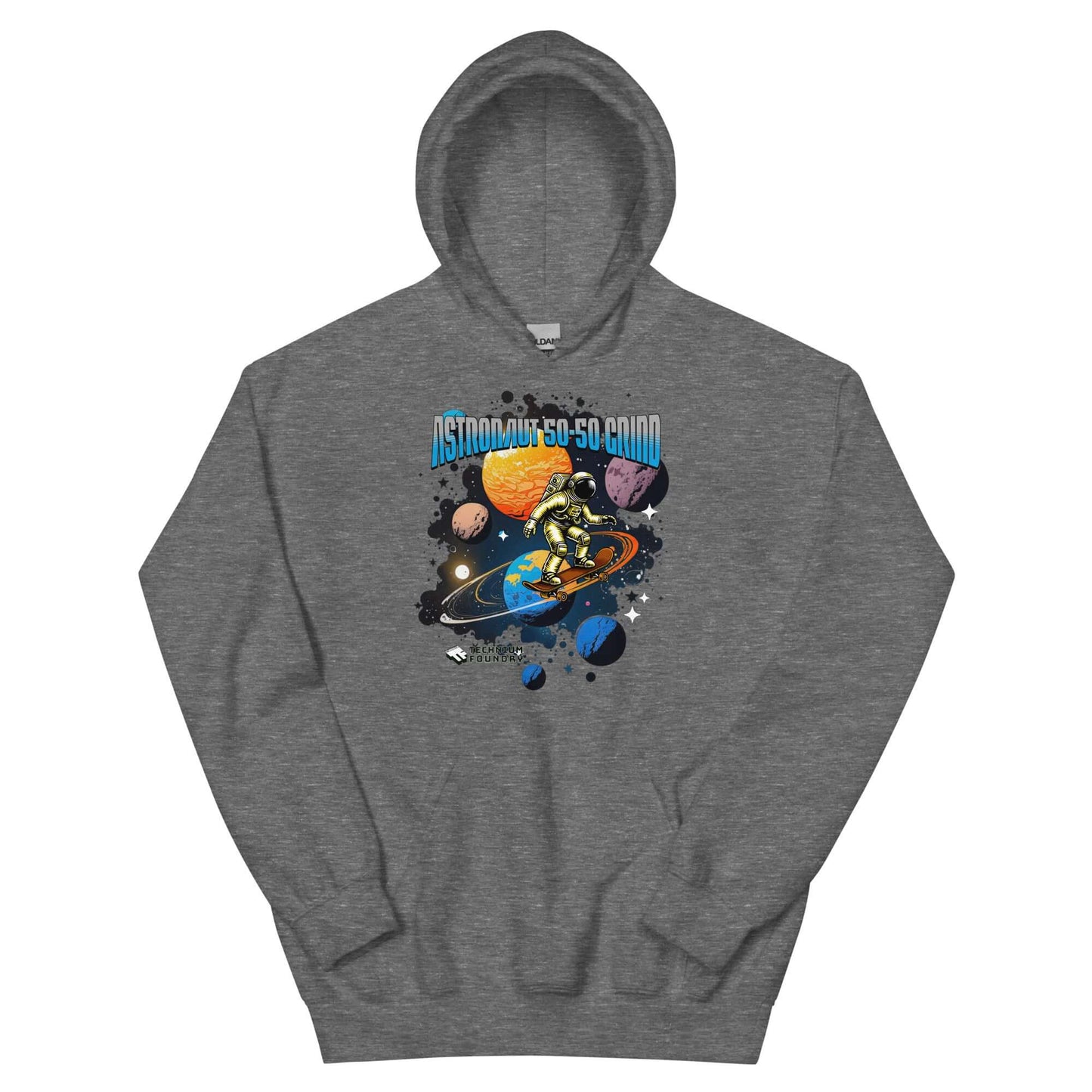 Gray astronaut hoodie featuring cosmic skater performing 50-50 grind on Saturn's rings, designed by Technium Foundry.