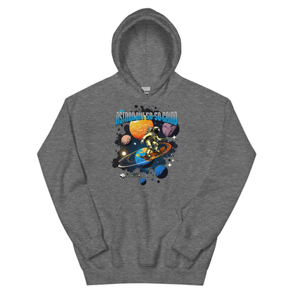 Gray astronaut hoodie featuring cosmic skater performing 50-50 grind on Saturn's rings, designed by Technium Foundry.