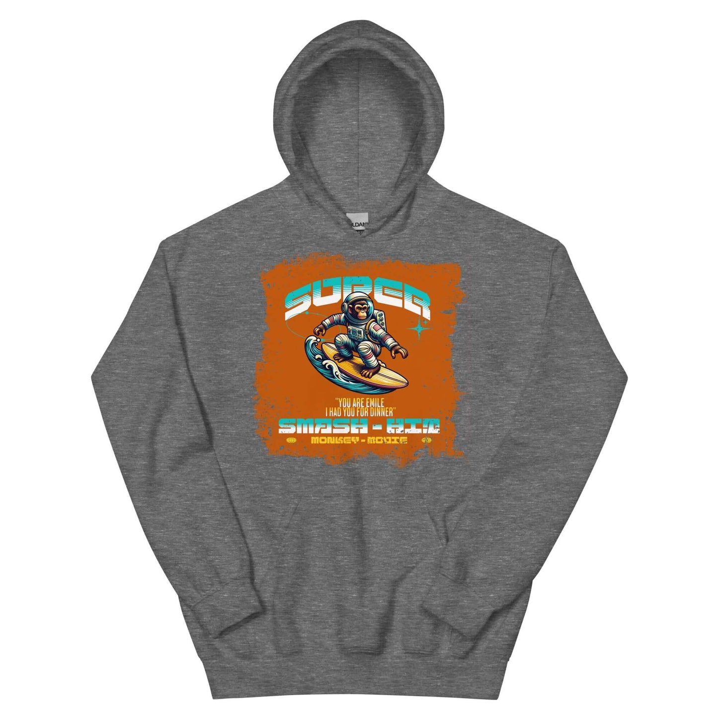 Super Smash & Click Hoodie by Technium Foundry featuring an astronaut surfing on Chrome tabs, retro gaming design.