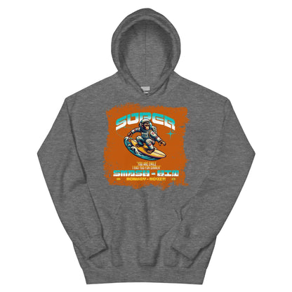 Super Smash & Click Hoodie by Technium Foundry featuring an astronaut surfing on Chrome tabs, retro gaming design.