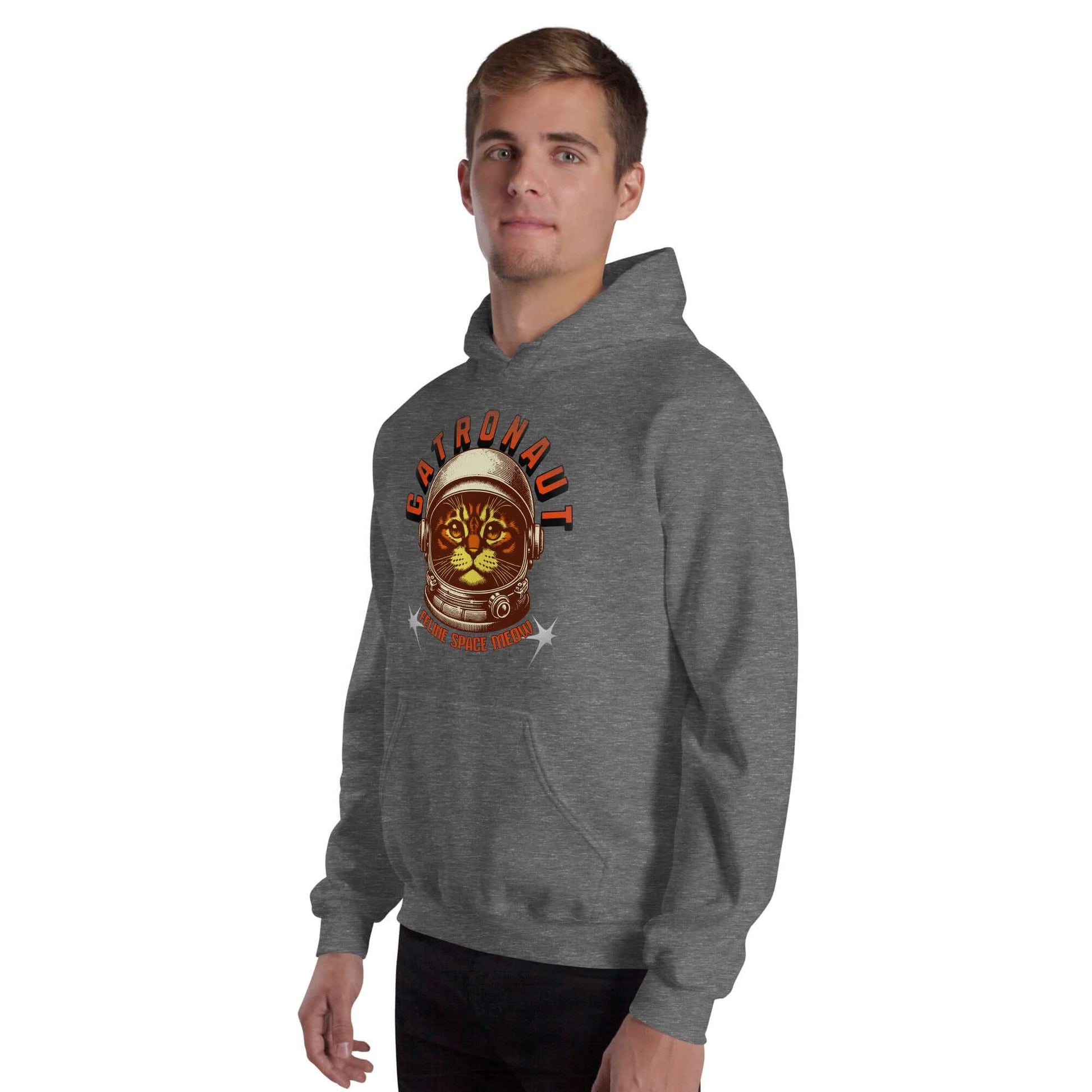 Gray Catronaut Hoodie from Technium Foundry featuring space-themed cat design modeled by a person standing.