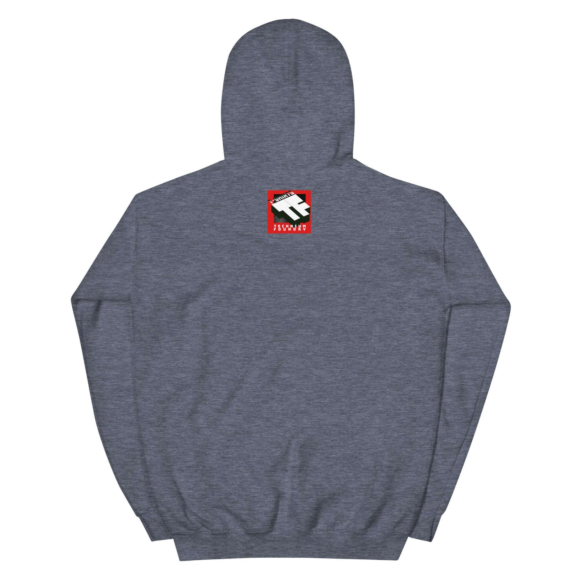 Gray Nullpunktsenergie Hoodie by Technium Foundry with retro-70s typography and vibrant energy-inspired logo on the back.