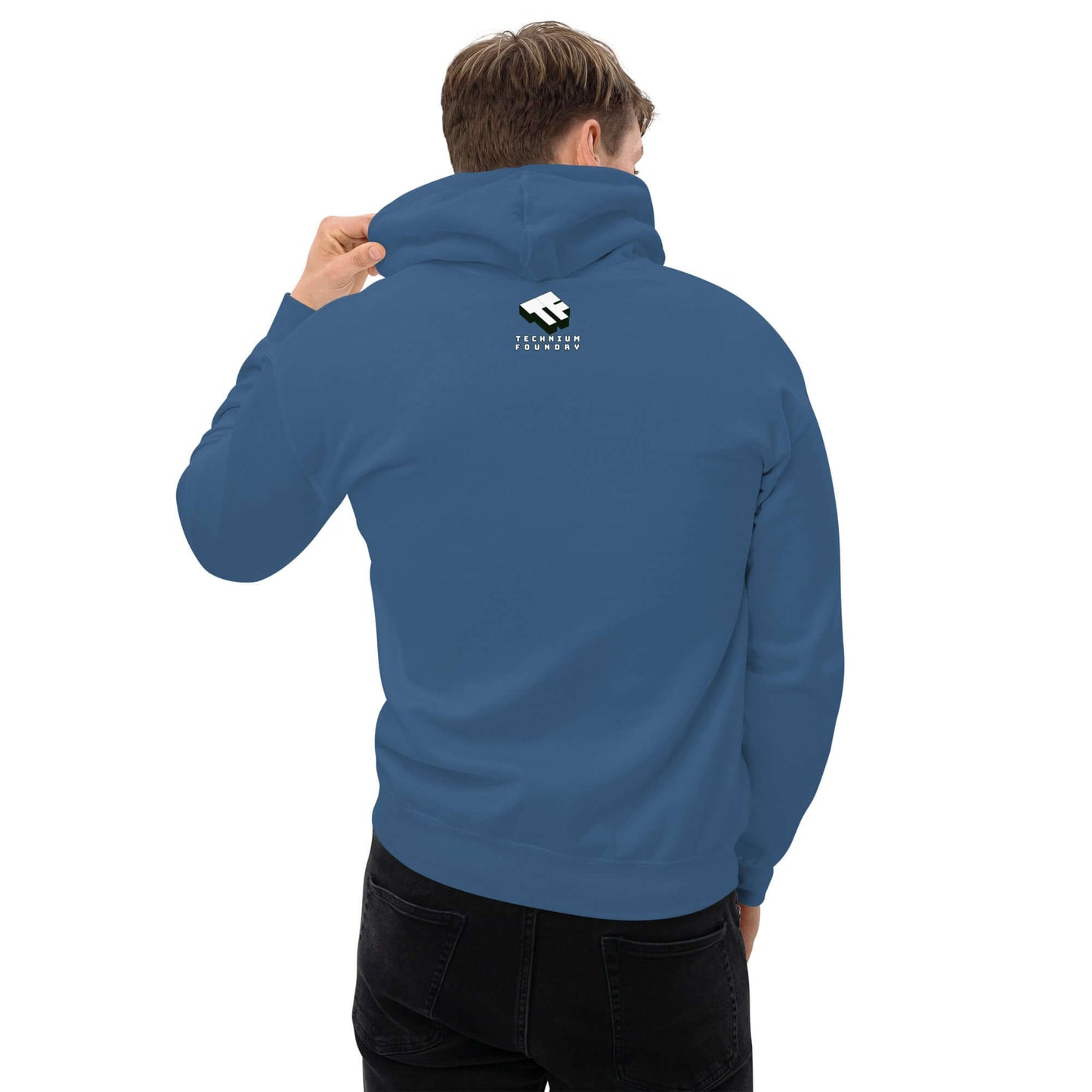 Blue hoodie with a noble gases periodic table shield design, worn by a model, showcasing its casual and stylish look.