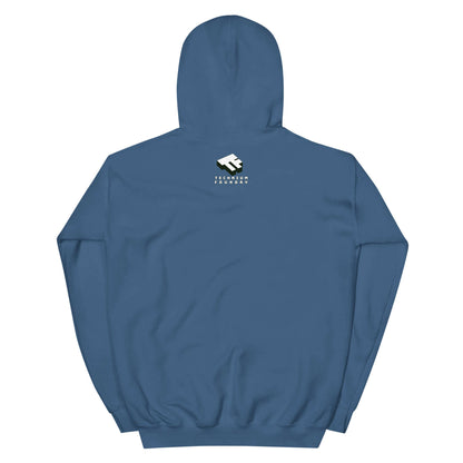 The Noble Gases Hoodie featuring periodic table elements shield design on blue fabric, ideal for chemistry enthusiasts.