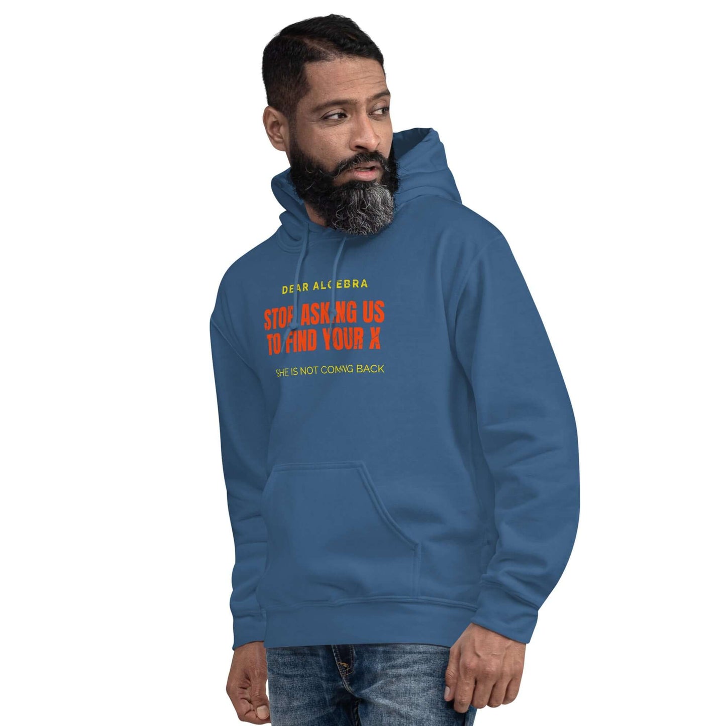 Man wearing Mathematical Relationship Counseling Hoodie by Technium Foundry with humorous algebra message about finding X.