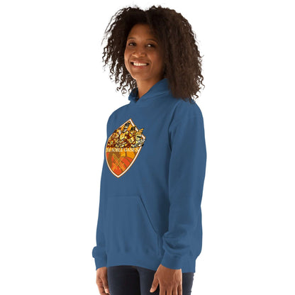 Alt Tag: Woman wearing blue hoodie with noble gases periodic table shield design.