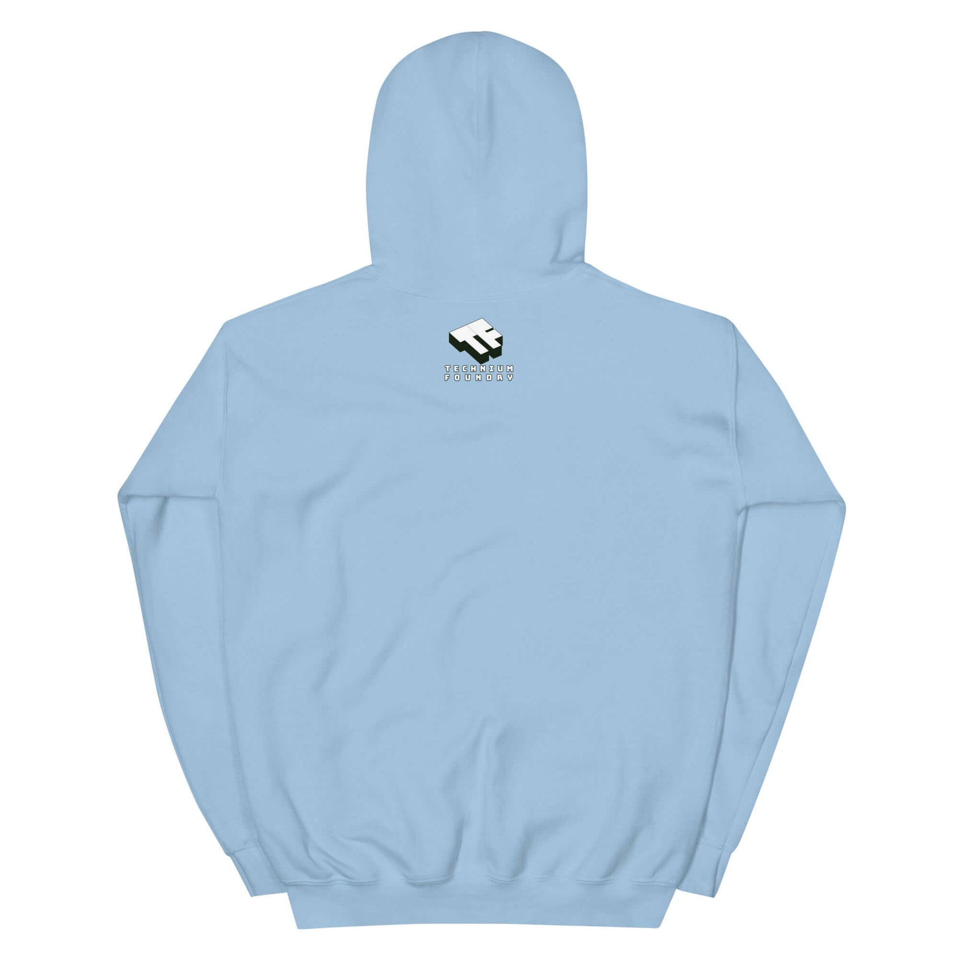 Light blue astronaut hoodie with Technium Foundry logo on back.