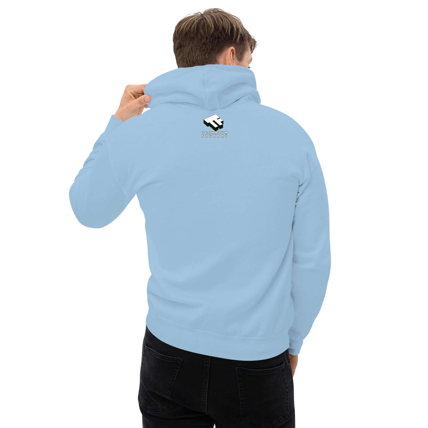 Light blue hoodie worn by man, showing back view with logo.