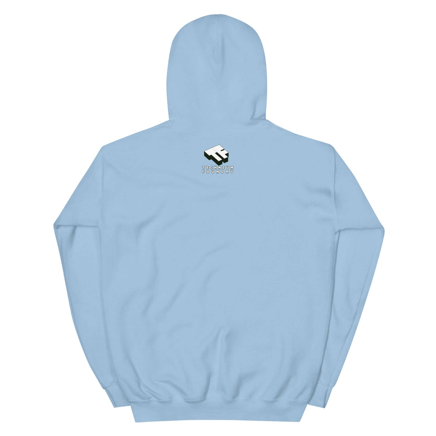 Light blue hoodie with retro Starfish Prime design on the back, featuring a geometric logo.