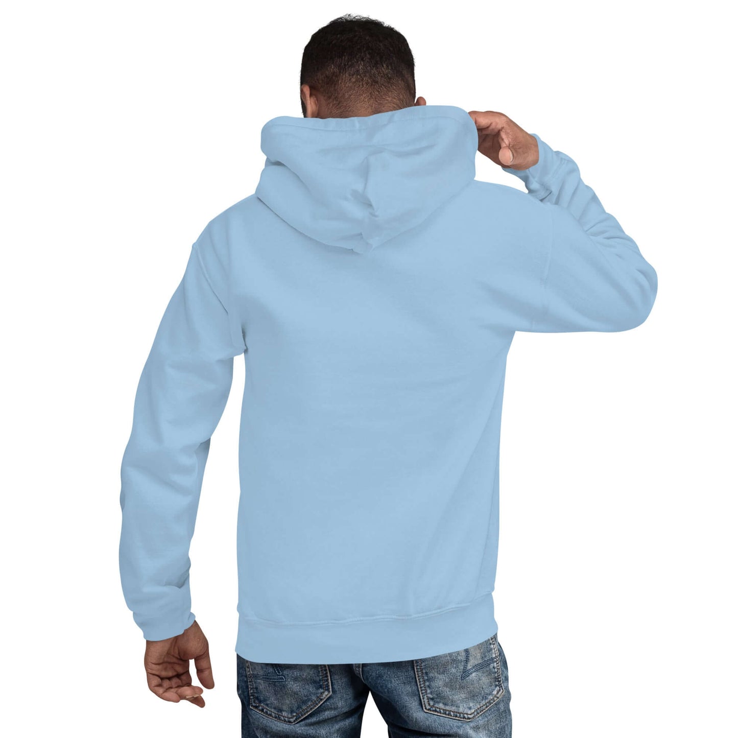 Back view of a man wearing light blue hoodie with a noble gases periodic table shield design, casual jeans, showcasing comfort and style.