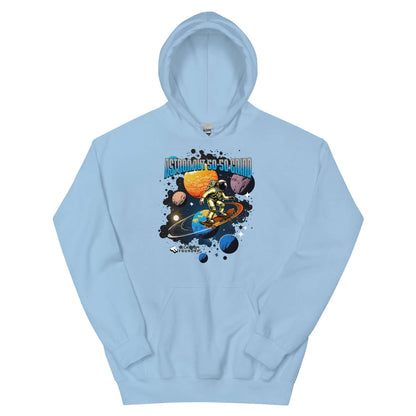 "Light blue hoodie featuring astronaut skateboarding on planets, designed by Technium Foundry for space-themed style."