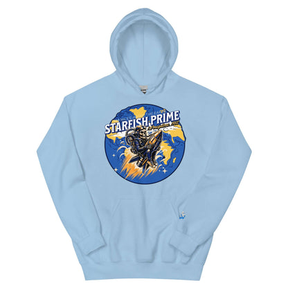 Starfish Prime Hoodie featuring retro nuclear test design with space cowboy riding a warhead on light blue fabric