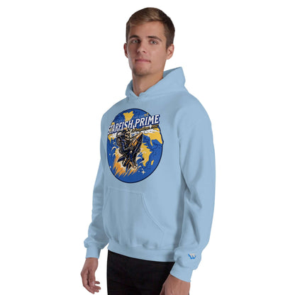 Light blue hoodie featuring Starfish Prime retro design with space cowboy riding a nuclear warhead.