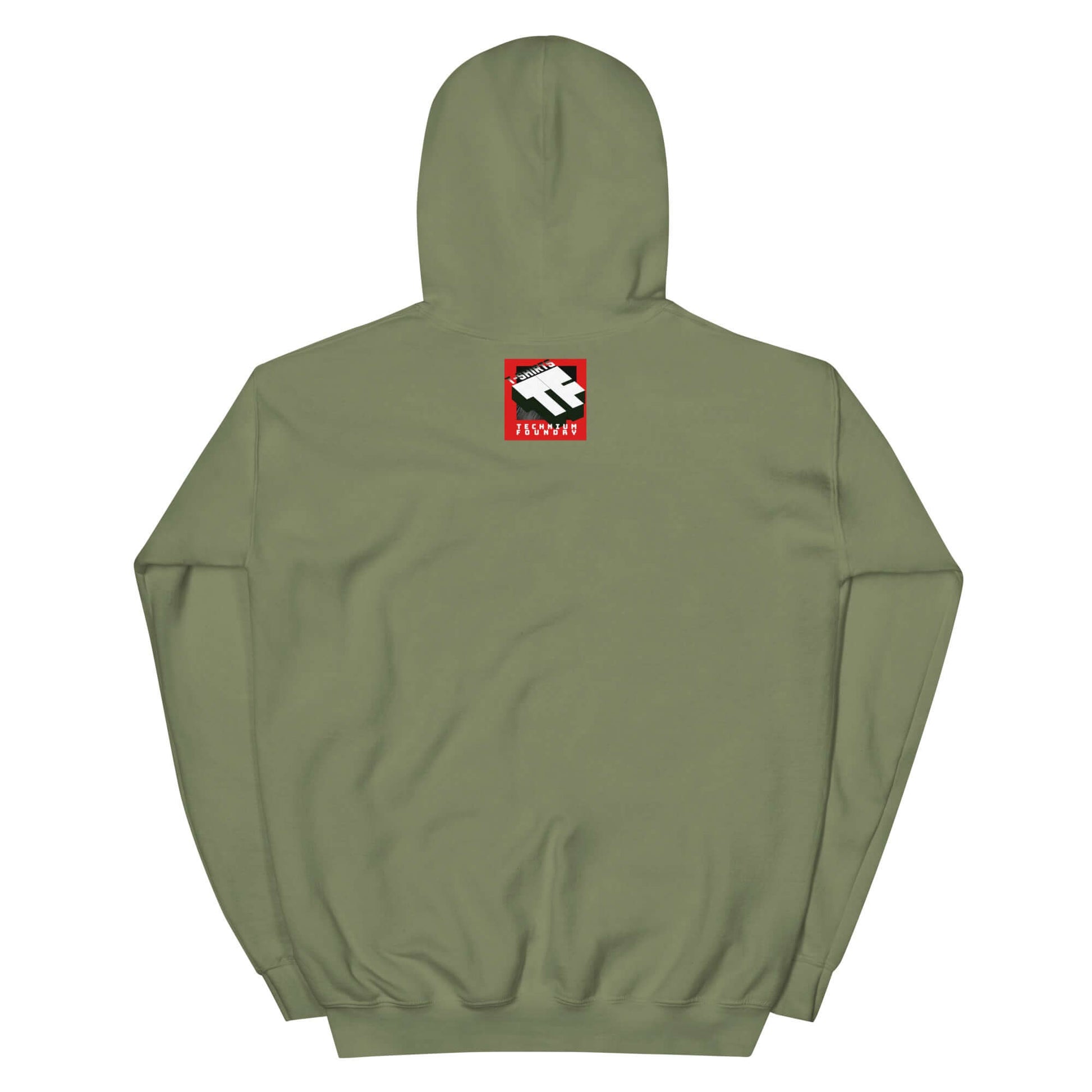 Green Nullpunktsenergie hoodie by Technium Foundry featuring retro-70s typography on the back.