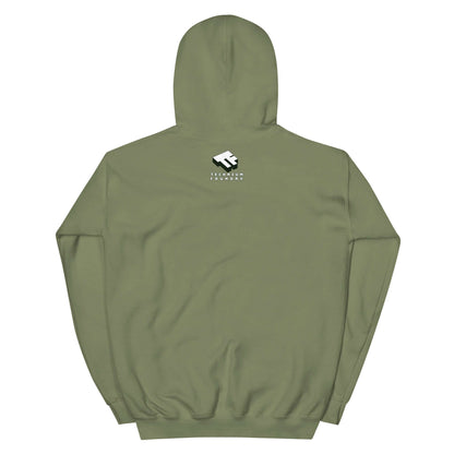 Olive green hoodie featuring Technium Foundry logo on the back, blending style with mathematical wit and relationship advice.