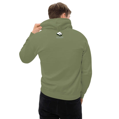 Man wearing olive green hoodie with Technium Foundry logo on back.