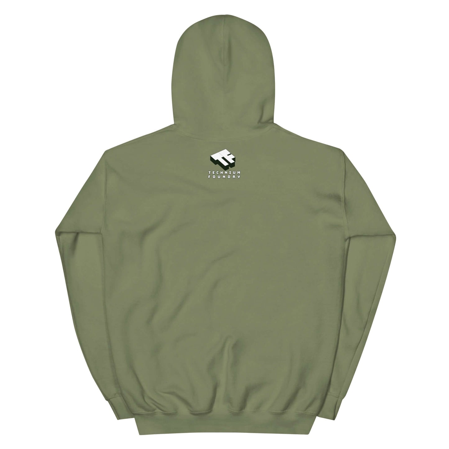 Olive green Catronaut Hoodie: Mission Control Edition with Technium Foundry logo on the back.