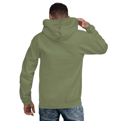 Olive green hoodie back view on model, showcasing comfortable fit and design.