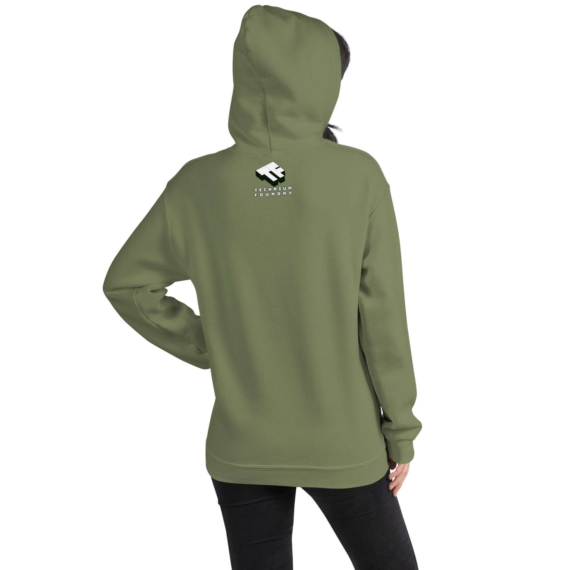 Person wearing green hoodie featuring a periodic table noble gases shield design, casual back view.