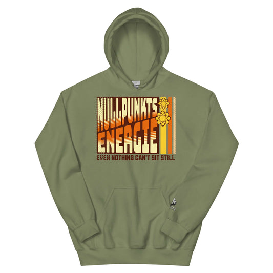 Olive Nullpunktsenergie hoodie with retro-70s typography, depicting vibrant quantum energy theme by Technium Foundry.