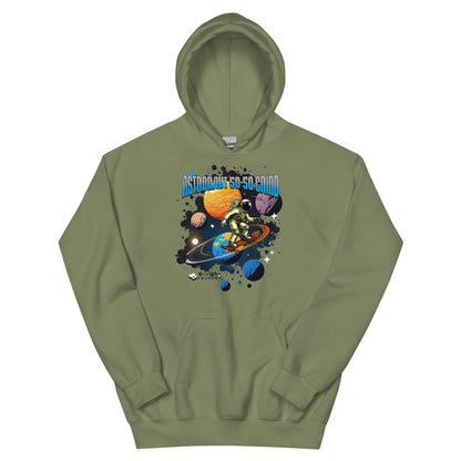 Astronaut Grind Hoodie featuring cosmic skater in olive green by Technium Foundry, perfect for interplanetary adventures.