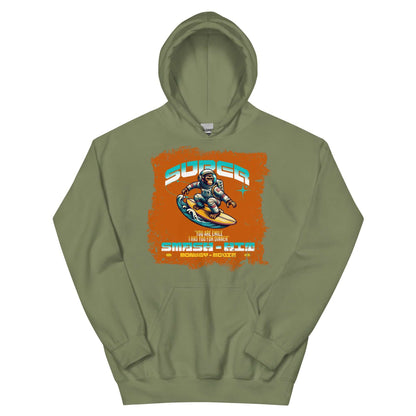 Olive green hoodie featuring an astronaut surfing on Chrome tabs, celebrating retro gaming style.