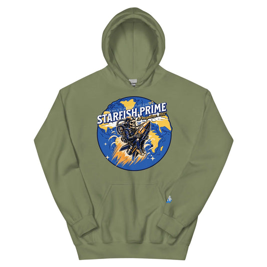 Retro Starfish Prime hoodie featuring space cowboy on nuclear warhead against a vibrant backdrop, commemorating 1962's test.