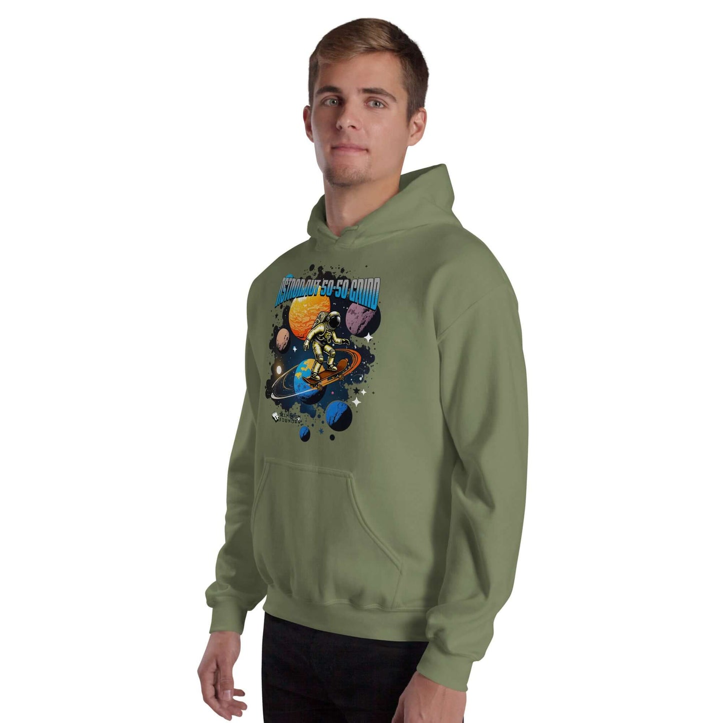 Astronaut 50-50 Grind Hoodie by Technium Foundry in olive green, featuring cosmic skater design, cozy pullover for interplanetary style.